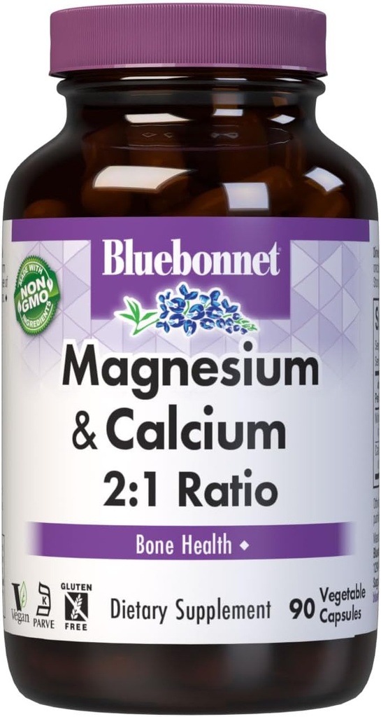 Bluebonnet Nutrition Magnesium & Calcium 2:1 Ratio, Bone Health*, Non-GMO, Vegan, Kosher Gecertificeerd, Glutenvrij, Sojavrij, Dairy-Free, 90 plantaardige capsules, 30 porties