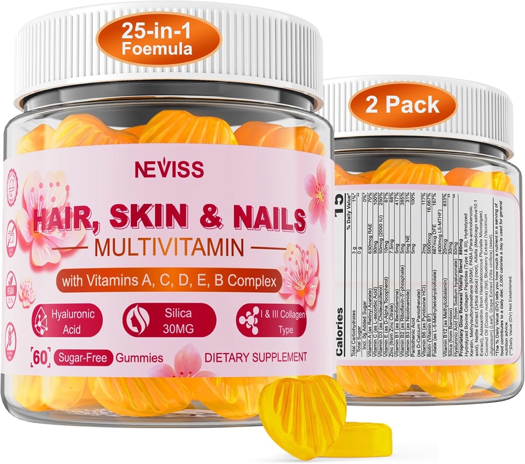 Suikervrije Multivitamine voor vrouwen Gummies met Biotin 5000 mcg, Collageen MSM Hyaluronzuur, Vitamine A C D3 E & B Complex en Methyl Folate & B12, Biologische Multi Vitaminen voor haarhuid Nagels, Energie