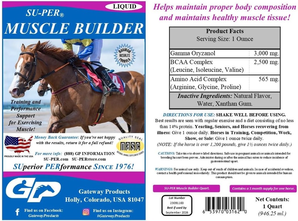 SU-PER Muscle Builder Horse Supplement - Training en prestaties Ondersteuning voor het trainen van spier - 1 Gallon + pomp