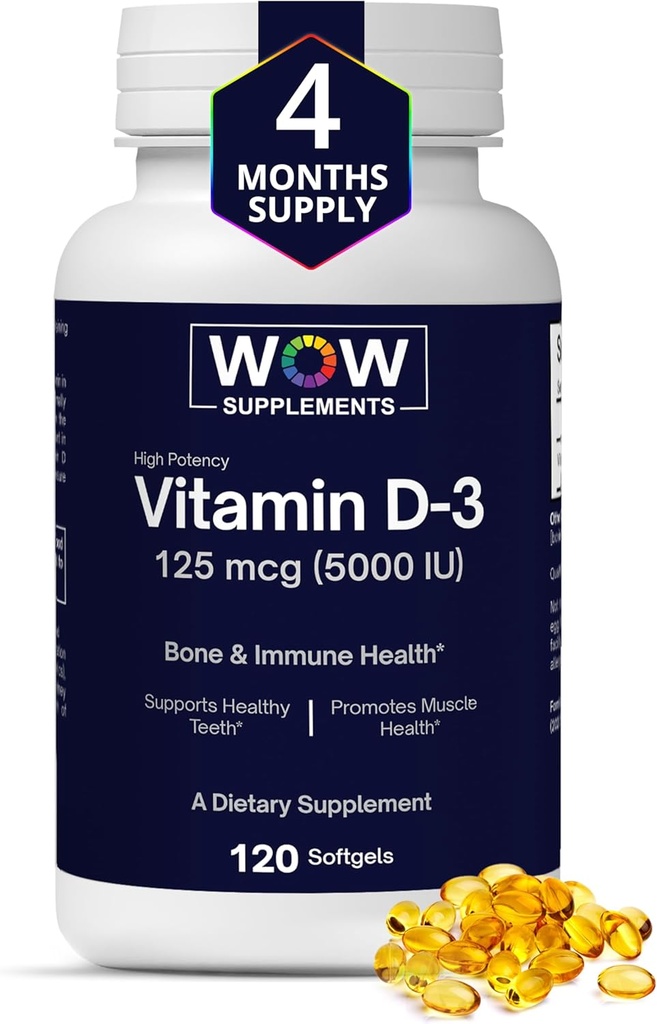 WOW Supplementen Vitamine D3 5000 IE Softgels, 125 mcg - Vitamine D3 5000IE Supplement voor Sterke Botten en Immuun Ondersteuning - Non-GMO, Glutenvrij Vitamine D 5000 IE - VIT D3 5000 IE Softgels - 120 Tel.