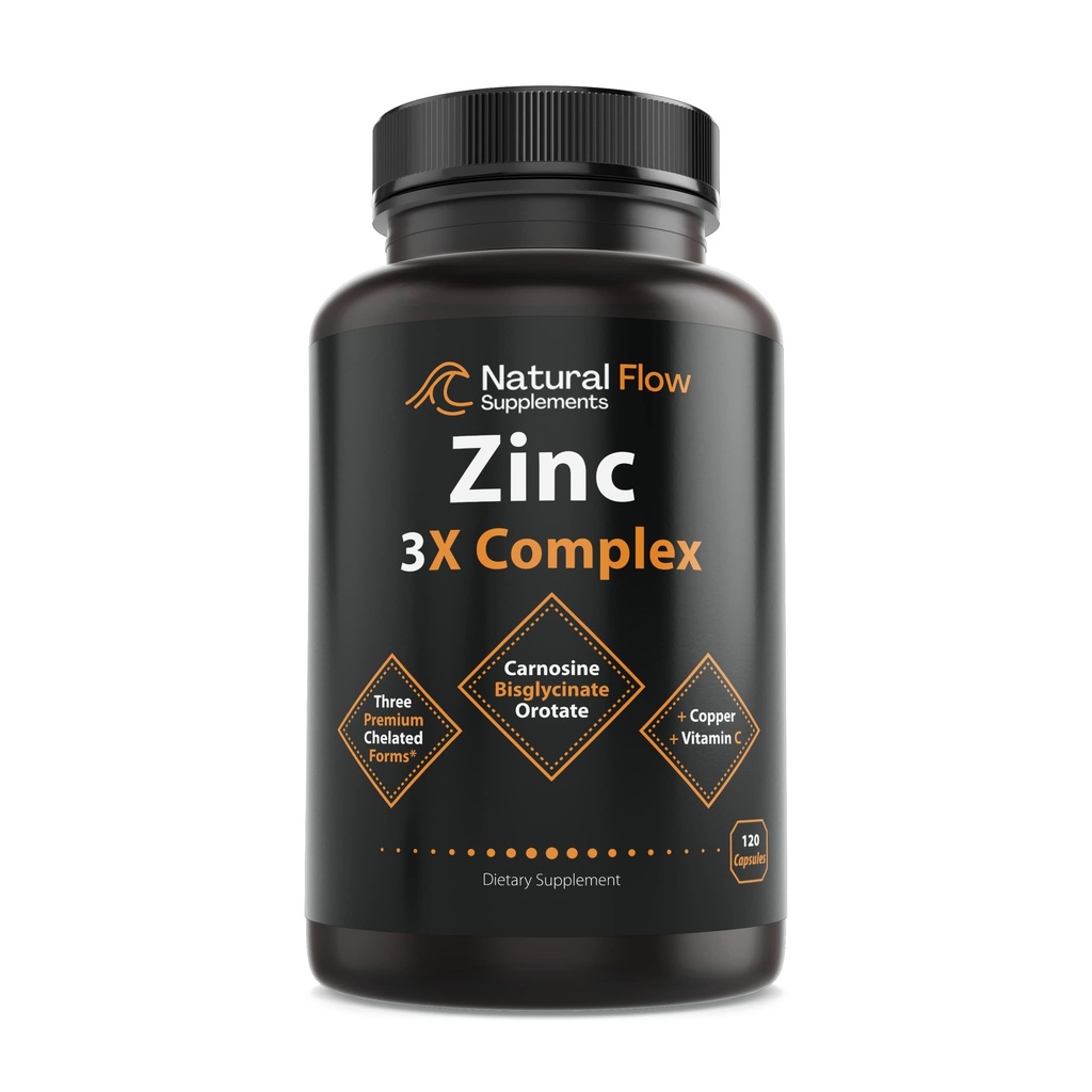 Zink Supplement Complex met koper en vitamine C - Natuurlijke stroom 3X Zink Carnosine, Bisglycinate Chelate, en Orotaat, chelated koper, Gemakkelijk op de maag, huid en Immuun Ondersteuning, 120 capsules