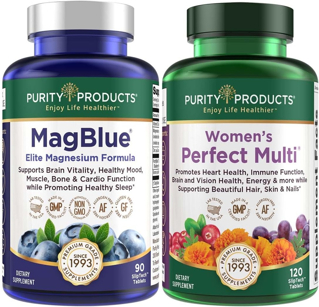 Purity Products Bundle - MagBlue + Women's Perfect Multi - MagBlue (Magnesium Bisglycinate + Vitamine D3 +Meer) - Vrouwen Perfect Multi - Ondersteunt Urinaire Tract Gezondheid, Immuniteit, Haarhuid Nagels +Meer
