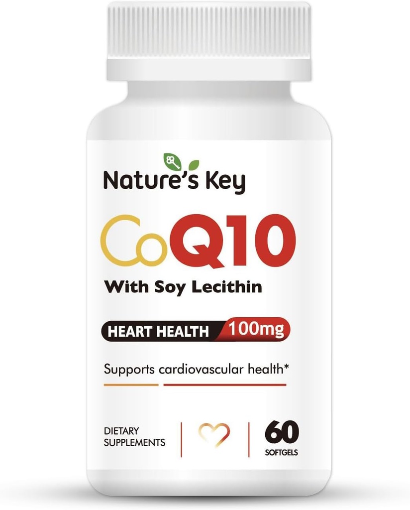 Nature's Key CoQ10 200mg Softgels - 3X Better Absorbtion Water Soluble Coenzyme Q10 for Heart Health with 50mg Soy Lecithin - 1 Month Supply(60 Counts)
