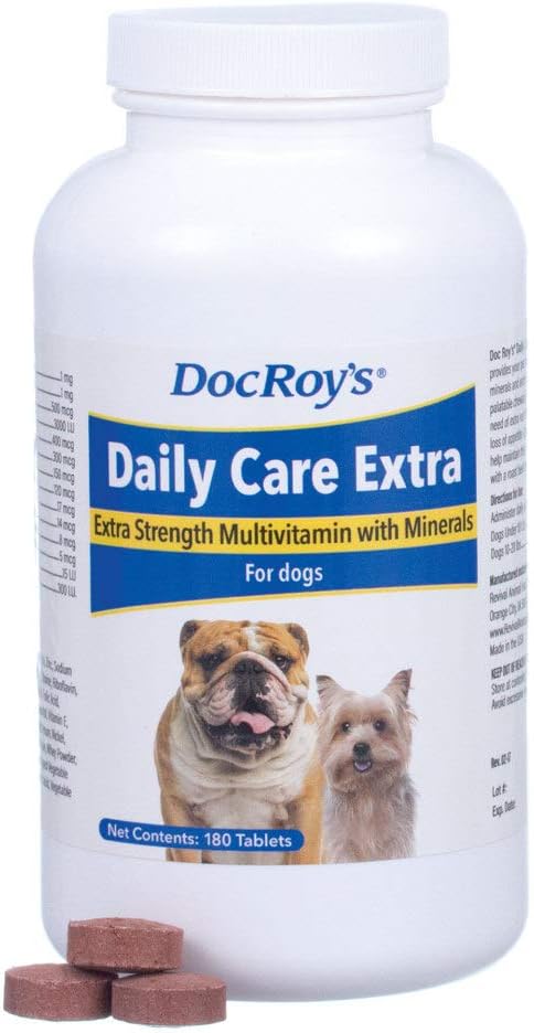 Doc Roy's Daily Care Extra, Advanced Multivitamin for Dogs, Supports Energy, Immune, Muscle, Bone and Brain Health, Provides Vitamins A C D3 E B Complex, Iron Zinc Magnesium Iodine, Made in USA 180 ct