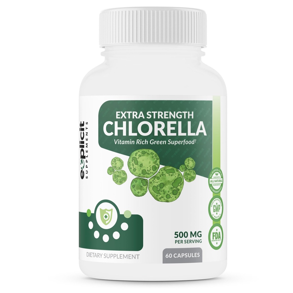 eXplicit Supplementen Extra sterkte Chlorella Superfood Capsules Gebroken Cell Wall Hoge Potency Vegan Super Food, 1000mg Dagelijks - 60 Capsules