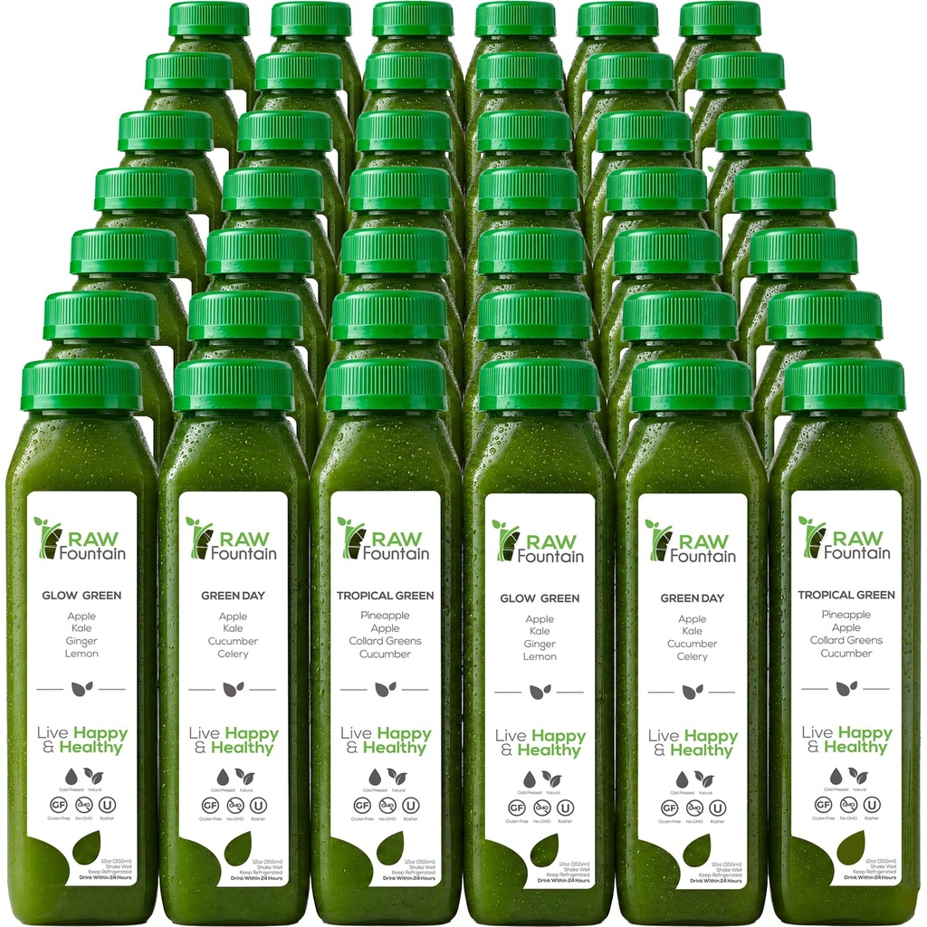 7 dagen groen sap reiniging door ruwe fontein, alle natuurlijke raw, Vegan Detox, koud geperst sap, 42 flessen 12oz, 3 Ginger Shots
