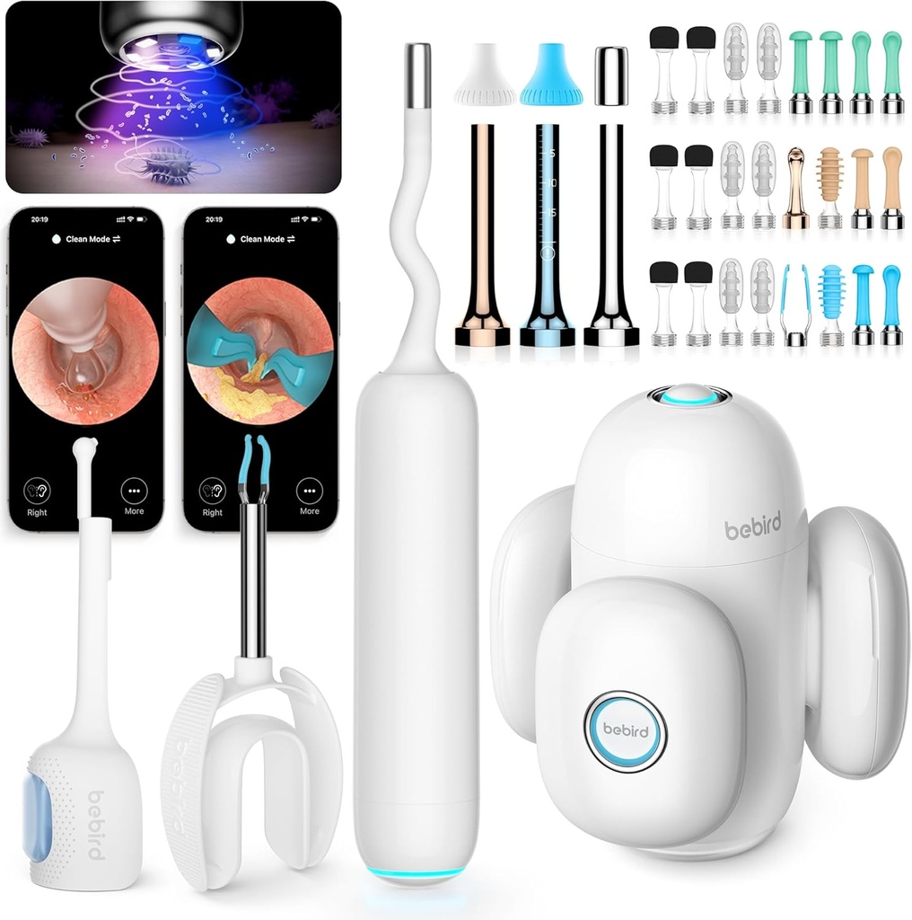 BEBIRD Home 30S Ear Care System - Ear Canal Cleaner with Flexible Scope FHD Camera, UVC LED Light, Visual Ear-Drops Dropper, Wax Removal Tweezers Tool to Clean Ear, 3 Set Cleaning Kits for Adult/Kids