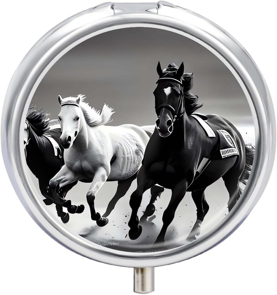 Zwarte en witte paarden Running Pill Case 3 Compartiment Portable Pill Box Dagelijkse ronde pil Organisator voor Pocket Purse Dagelijkse geneeskunde Container om vitamines Visolie reizen Gifts
