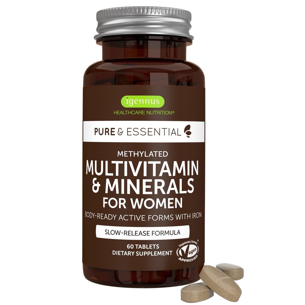 Igennus High Potency Methylated Multivitamine for Women, Pure & Clean Ingredients, MTHFR Supplement with Active B-Vitamins, Vitamine K2 MK7, Gentle Iron, Sustained Released, Non-GMO & Halal, 60 Tablets