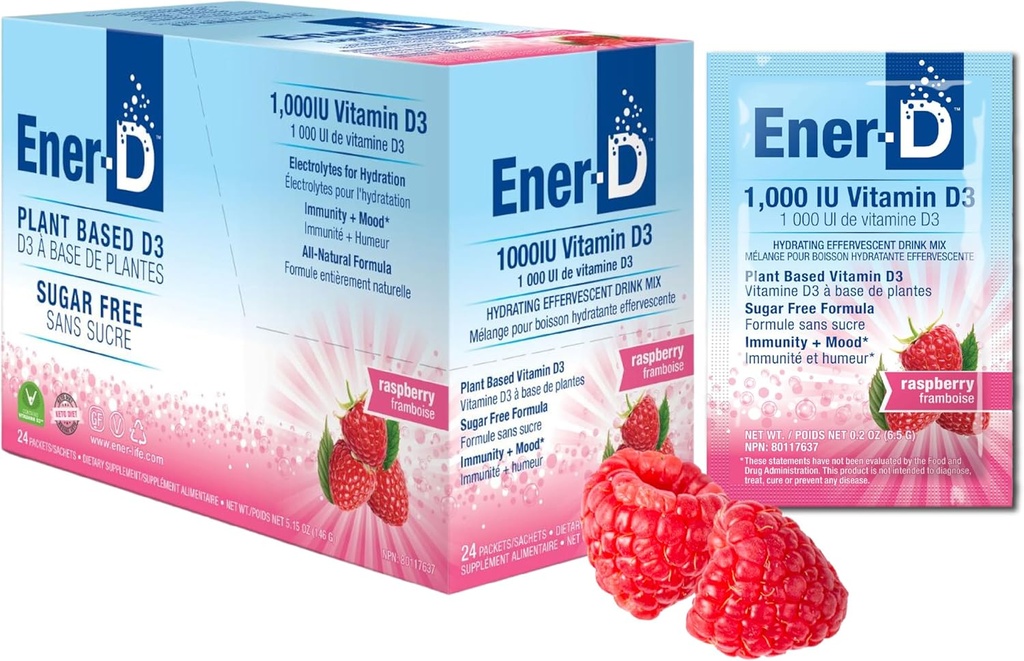 Ener-D Suikervrij Multivitamine Drinkmix - Vitamine D3 Poeder voor Water, Elektrolyten Poeder Geen Suiker, Hydratatie Boost Packets, Zero Sugar, Vitamine D3 Supplement Liquid Mix - Framboos, 24 Tellen