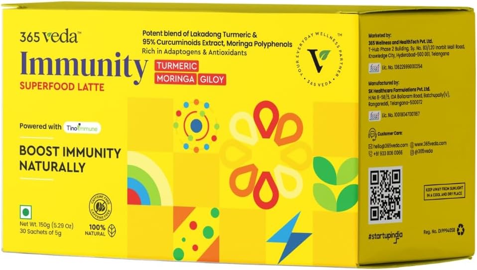 Immunity Boost Latte met Moringa & Giloy, Kurkuma, 100% natuurlijke ingrediënten, Kan Verbetert spijsvertering, Glutenvrije on-The-Go sachets (30 telling)