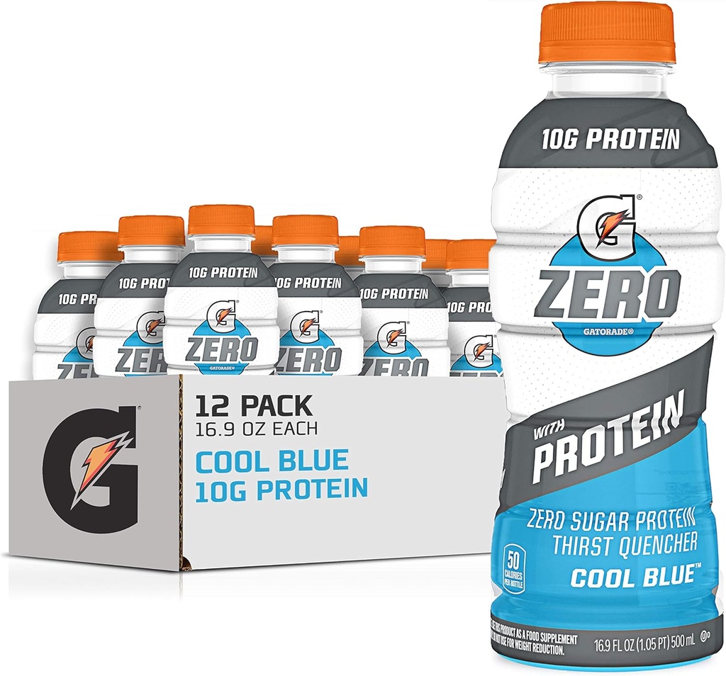Gatorade Zero met eiwit, 10g Wei Proteïne Isolaat, Zero Sugar, vegetarische, vloeibare Elektrolyten, Cool Blue, 16,9 Fl Oz Fles, 12 Pack