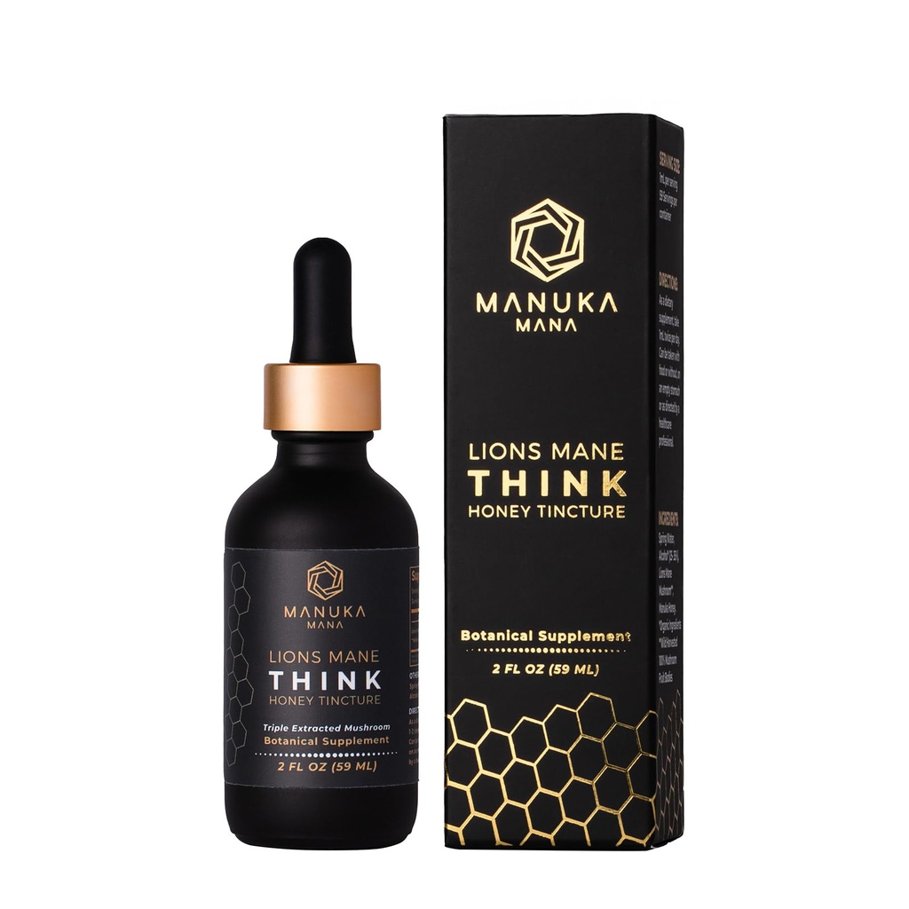 Lions Mane Think Honey Tinctuur USA Wild Harvested Lions Mane, Triple Extracted Tinctuur, Manuka Honey (MGO 150+), 100% Fruiting Body, 2 fl oz (60 Servers)