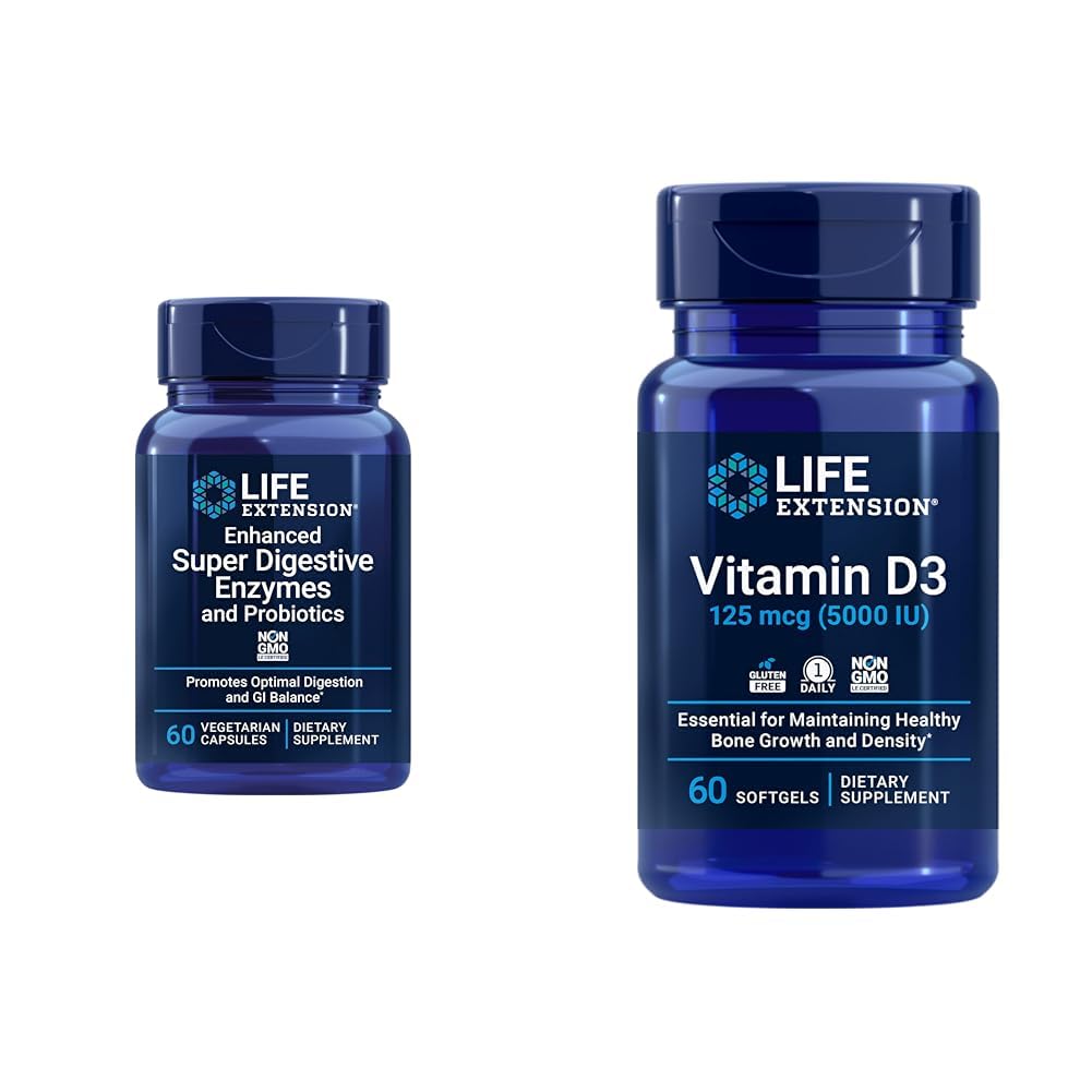 Life Extension 60-Count Super Digestieve Enzymen & 5000 IE Vitamine D3 Capsules for Digestie, Bone, Brain, Immune Health