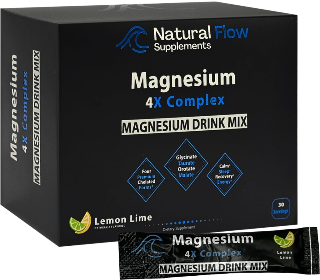 Magnesium Poeder Drink Mix Packs - Citroen/Lime - Natural Flow 4X Magnesium Glycinate, Taurate, Malate, Orotate Supplement, Kalm slapen en Kramp ondersteuning Blend, No Mag Citraat of Oxide, 30 Stick Packs