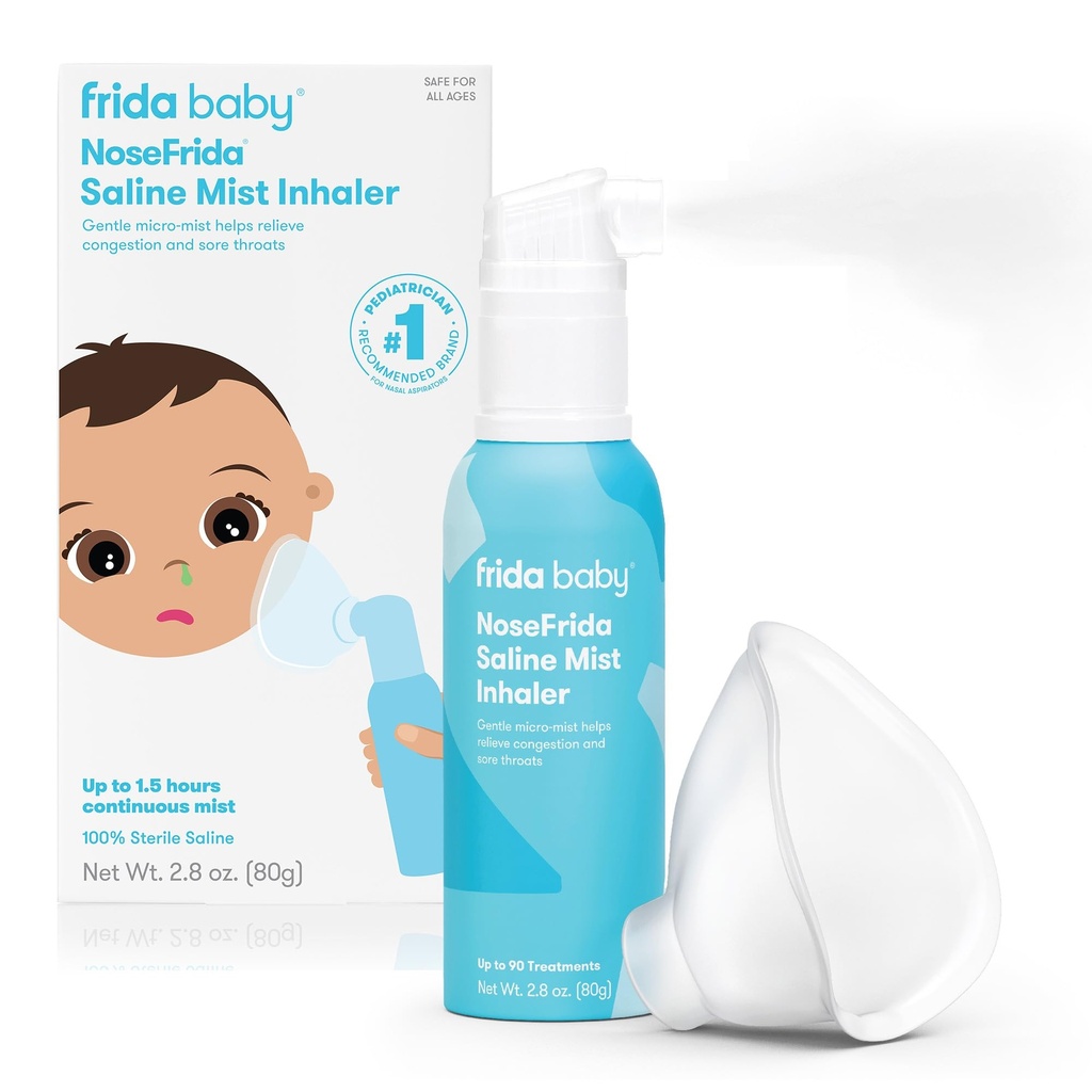 Frida Baby NeusFrida Saline Mist Neus Inhalator, Decongestant Spray voor Congestie & Allergie Relief voor Baby's + Kinderen, Nasal Saline Spray, Soothes Stuffy Neus & Sore Throat, Inclusief Masker