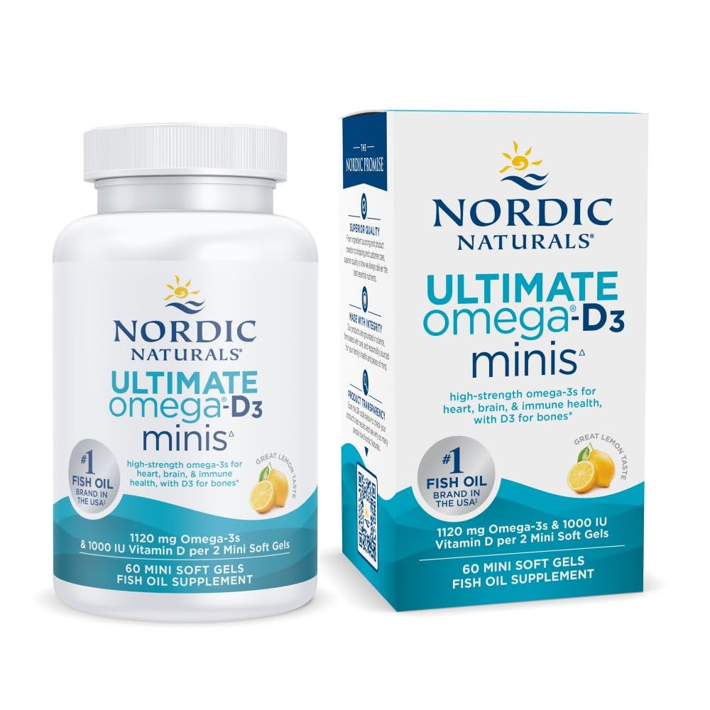 Nordic Naturals Ultimate Omega Mini D3, Citroensmaak - 60 Mini Zachte Gels - 1120 mg Omega-3 + 1000 IE Vitamine D3 - EPA & DHA - Bevordert Hersenen & Hart Gezondheid - 30 porties