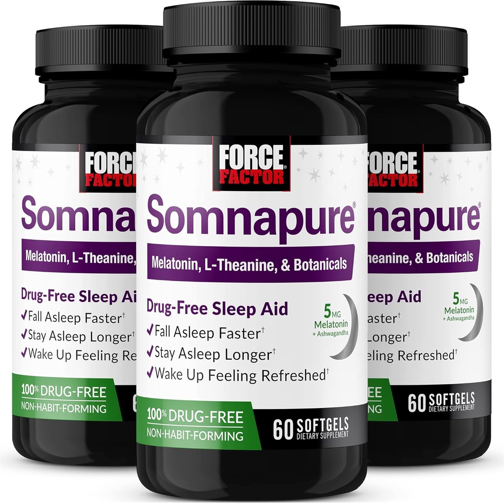 FORCE FACTOR Somnapure Softgels 3-Pack Sleep Aid to Fall Asleep Faster, Stay Asleep Longer, Wake Up Refreshed, Sleep Aid for Adults with Melatonin, Ashwagandha, Valerian Root, 180 Softgels