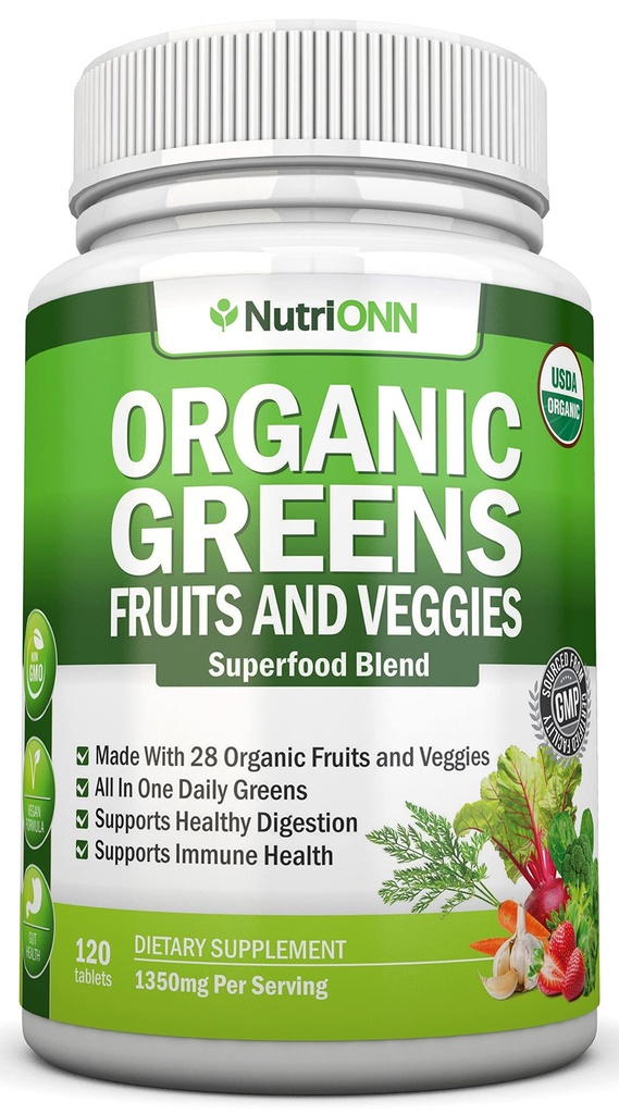 Biologische Super Greens Capsules - Fruit en plantaardige supplementen - 120 Telling - 28 USDA Biologische & Vegan Premium Ingrediënten - Superfood Blend Voor Immune Health, Digestie & Energy - Whole Food Vitaminen