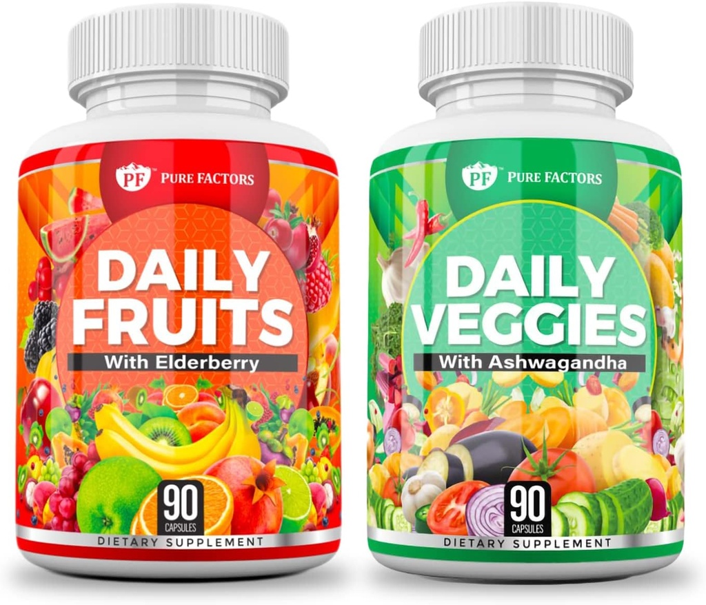PURE FACTORS Daily Fruits & Veggies Supplement - Superfood Ashwagandha, Elderberry, Fruit & Vegetable Blend | Immunity & Health Support for Men & Women | 90 Capsules | 2-Pack