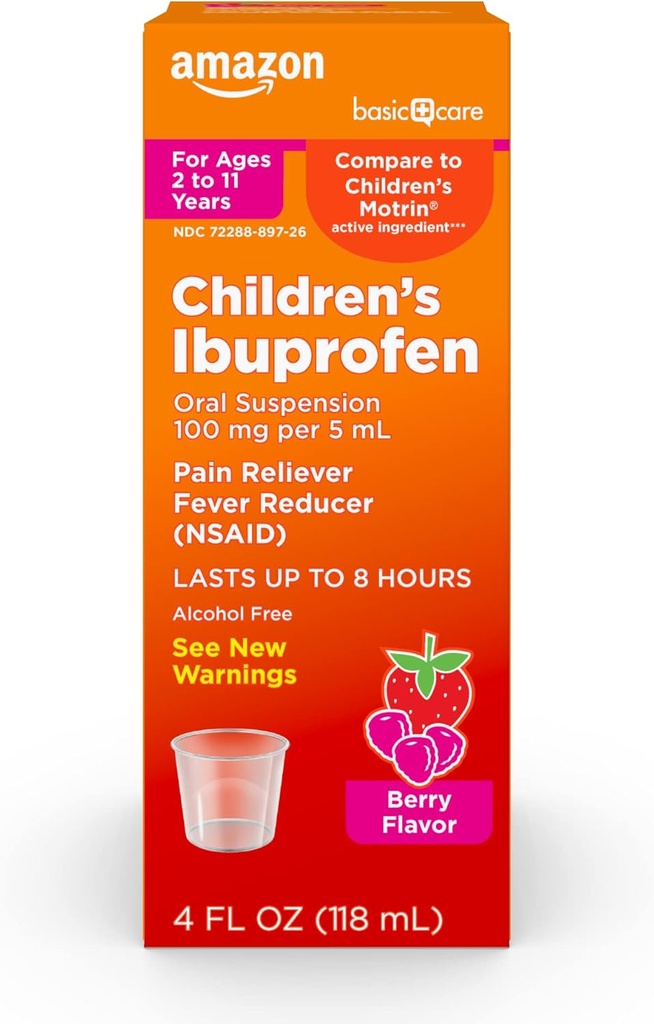 Basic Care Kinderen Ibuprofen Orale Suspensie 100 mg, Berry, 4 fl oz (verpakking van 1)
