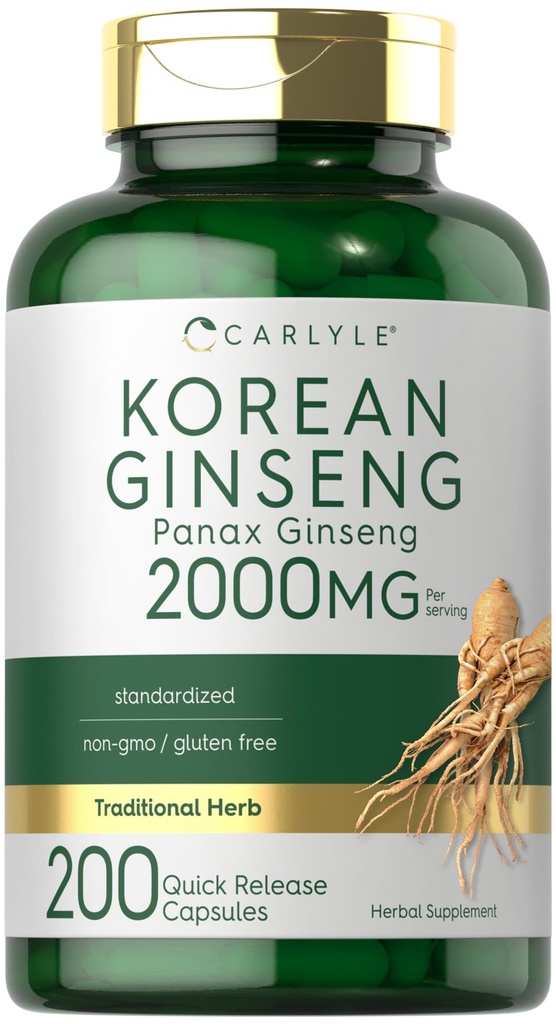 Carlyle Korean Ginseng Extract Capsules 2000 mg 200 Capsules Non-GMO en Glutenvrije formule Gestandaardiseerde Panax Ginseng Supplement