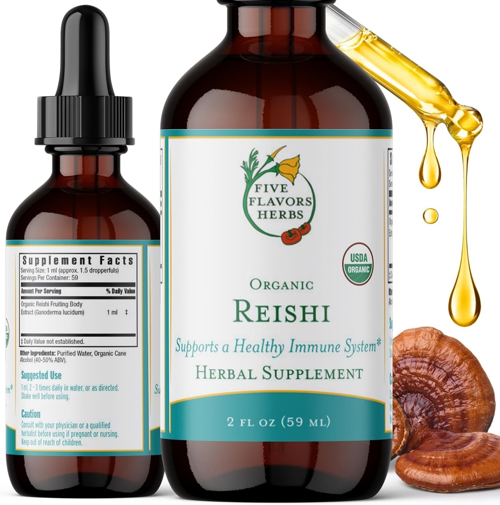 Reishi Tinctuur - Nerveus en immuunsysteem Ondersteuning, Ademhalingsstelsel, Cardiovasculair & Metabole Gezondheid, Focus & Calm Mind, Herbal Supplement - 2 Fl Oz