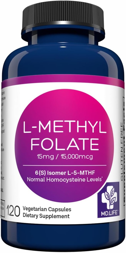 MD Life L-Methylfolaat 15 mg Supplement - Professional-Grade Active L Methylfolaat Supplement - 120 Capsules - L-Methylfolaat 15mg - Maximale Potentie MTHFR W/Essentiële aminozuren