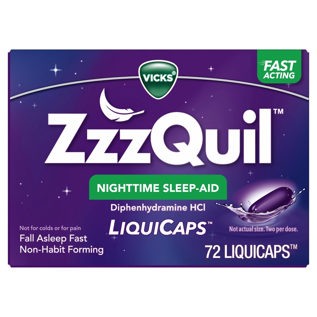 ZzzQuil LiquiCap Slaaphulp, Difenhydramine 25mg HCl, Slaaphulp voor volwassenen, Nachtslaaphulp, 72 LiquiCaps