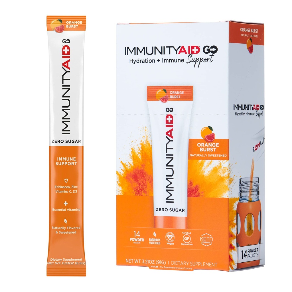 LIFEAID IMMUNITYAID GO! Zero Sugar Immunity + Hydration Packet, Vitamin C, Echinacea, Zinc, Astragalus Root, Keto-friendly, Vegan & Gluten-Free, 5 calories, Naturally Sweetened, No Caffeine, 14 Pack