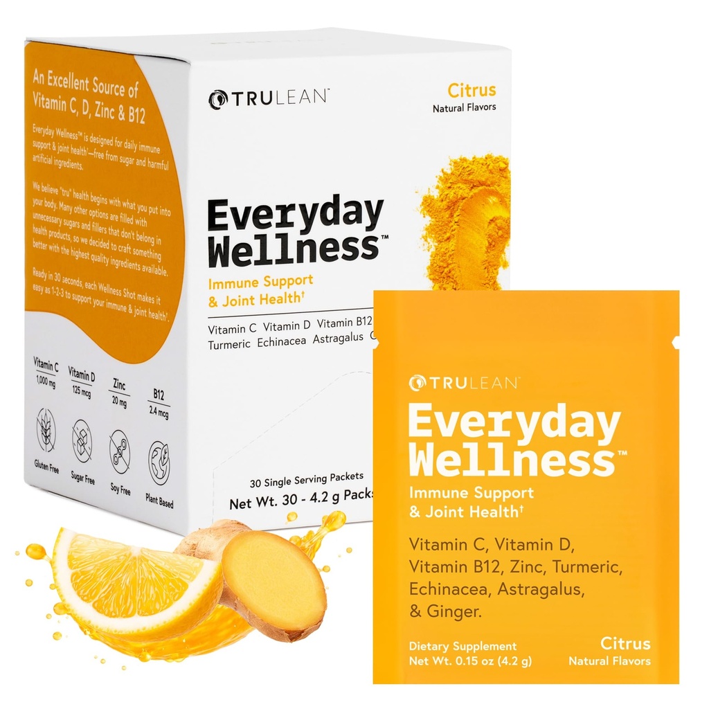 TRULEAN Everyday Wellness Shot Powder - Kurkuma, Gember, Vitamine C, Immuniteit en Immuun Ondersteuningssupplement - Geen kunstmatige ingrediënten, geen suiker en glutenvrij - 30 Packets Citrus smaak
