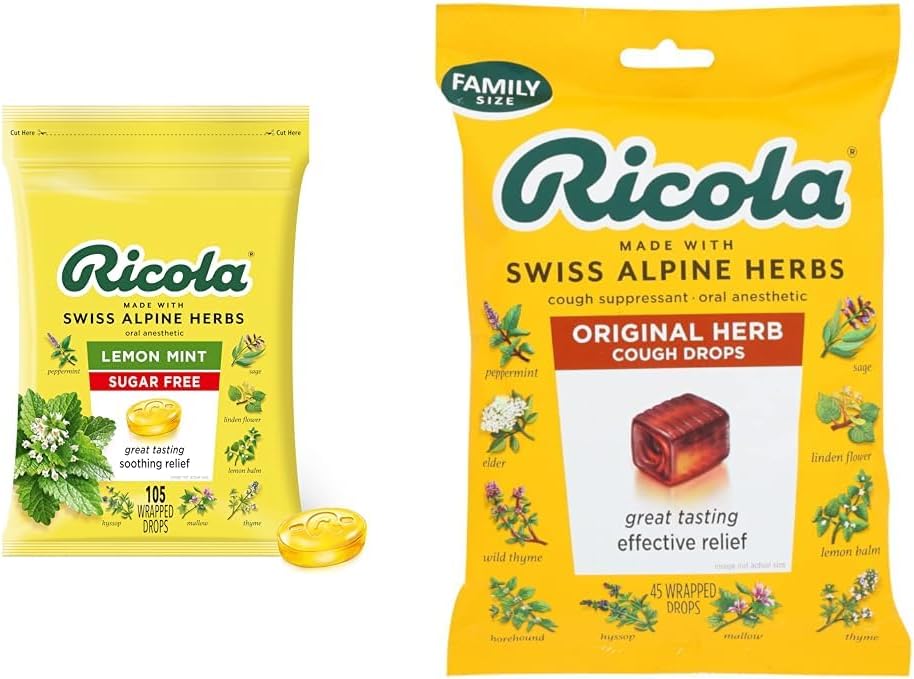 Ricola suikervrije citroenmunt kruiden Hoest Suppressant Throat Drops, 105ct Bag & Original Natural Herb Cough Suppressant Throat Drops, 45 Drops, gevechten Hoesten natuurlijk
