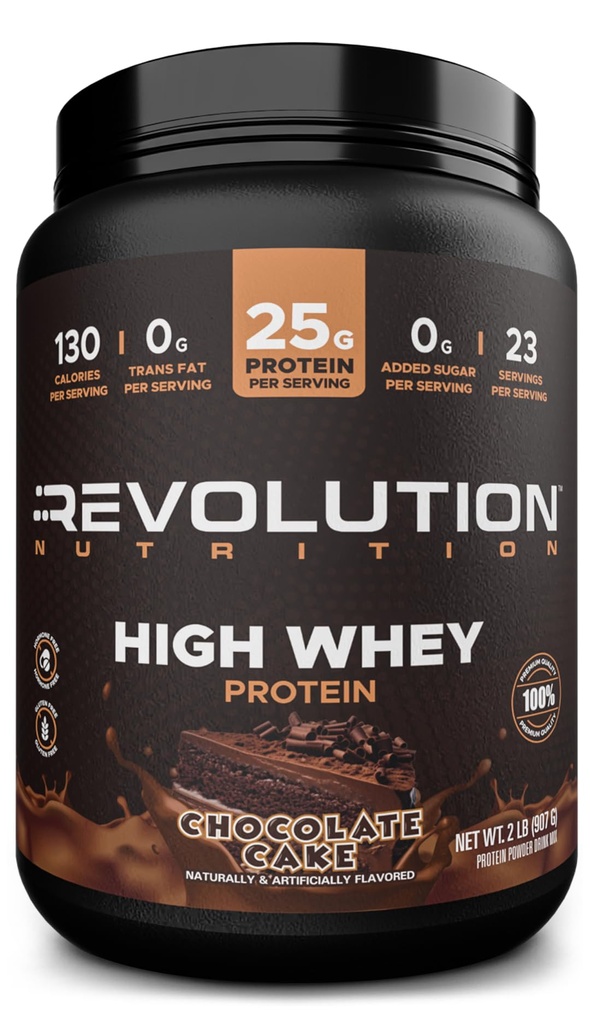 Revolution Nutrition, High Wei, Protein Powder 2LB, Wei Isolaat, Glutenvrij, Lean Muscle Mass for Men & Women, 25g Protein Per Scoop, 908 g, 24 Servers (Chocolate Cake, 2 Pond)