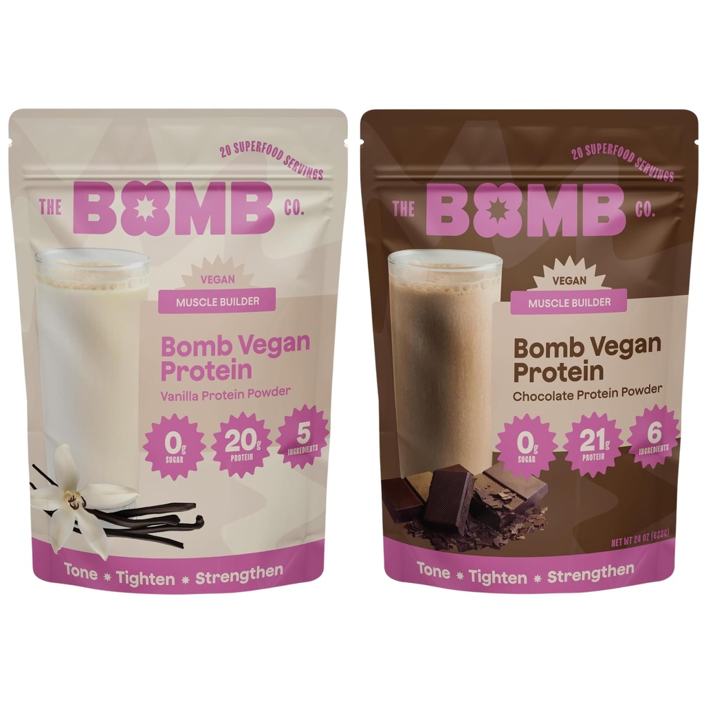 Blender Bombs The Bomb Co. Bom Plant Proteïne, Chocolade & Vanille Proteïne Poeder met 21g Proteïne, Aminozuren, Zero Sugar, Pea Proteïne, Cacao, Chia Zaden, Vanille & Monk Fruit, 40 Srvgs