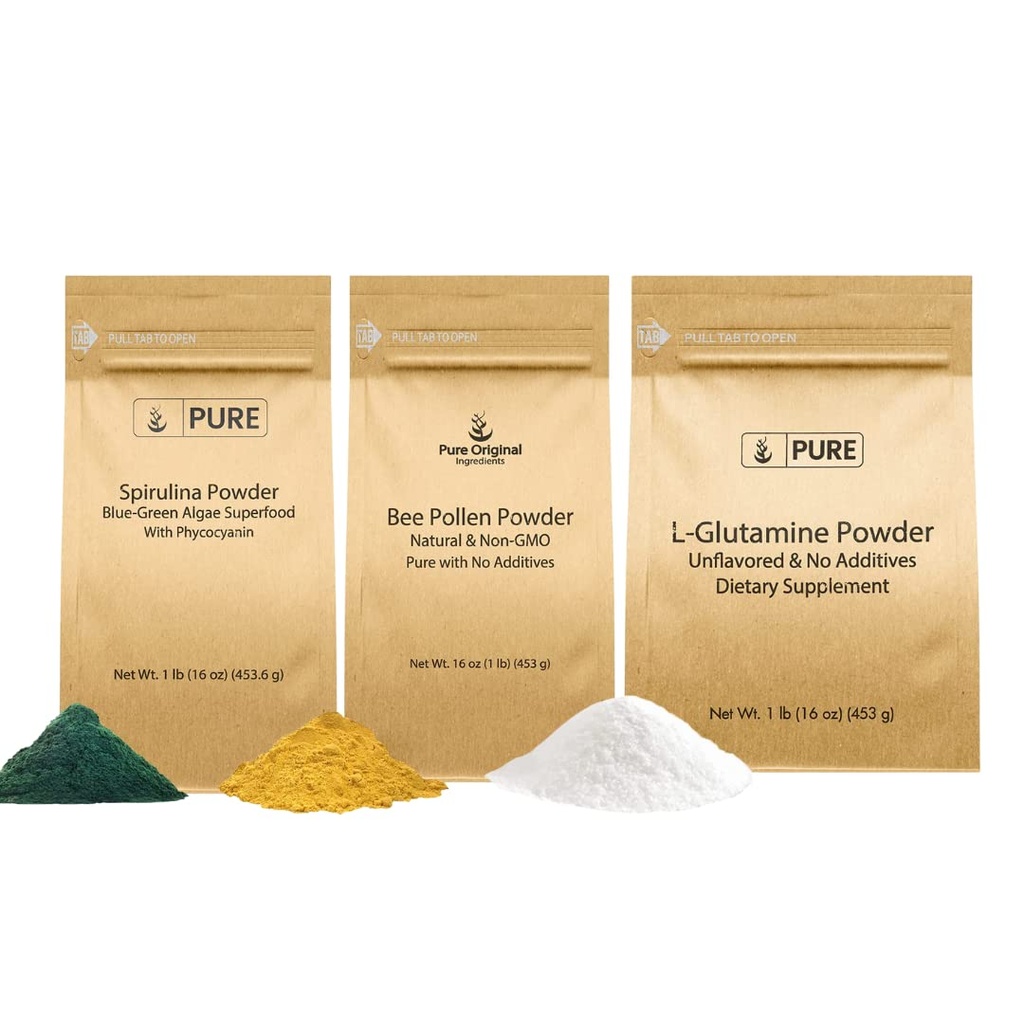 PURE ORIGINEEL INGREDIËNTEN Bijenpollen, L-Glutamine, & Spirulina Poederbundel, (1lb) Voedselkluis, supplementpoeders