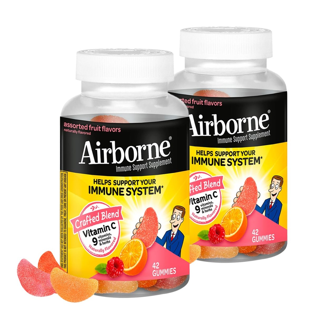 Airborne 750mg Vitamin C Immune Support Supplement Gummies for Adults, Assorted Fruit Flavor, Gluten Free Crafted Blend with Powerful Antioxidants Vitamins A C & E, 42 Gummies (2 Pack)