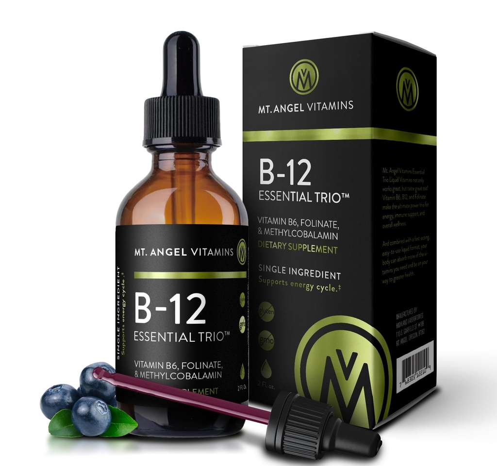 Mt. Engelvitaminen - B12 Essential Trio - Vegan Sublingual Drops with High-Potency Methyl B12, B6 & Folate - Easy Absorptie Liquid - Non-GMO, Made in USA