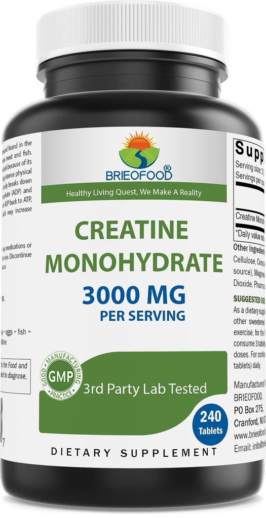 Brieofood Creatine Pillen 3000 mg per portie - 240 tabletten - 3rd Party Lab Getest op zuiverheid en kwaliteit - helpt de atletische prestaties te verbeteren