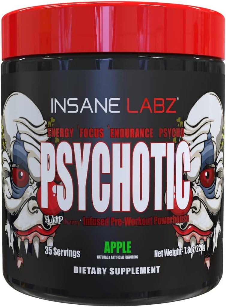 Insane Labz Psychotisch, High Stimulant Pre Workout Powder, Extreme Lasting Energy, Focus and Endurance met Beta Alanine, Creatine Monohydraat DMAE, 35 Srvgs (Apple)