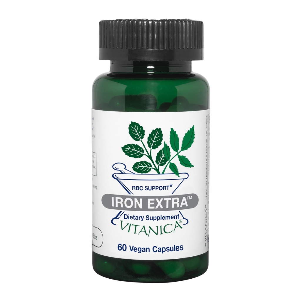 Vitanica Iron Extra, IJzersupplement Verhoogde absorptie met vitamine C 500mg, Methylfolaat 400mcg, B12 Vitamine 500mcg, Calcium, Gele Dock, Dandelion Root & Nettle Leaf Extract, Vegan, 60 Capsules