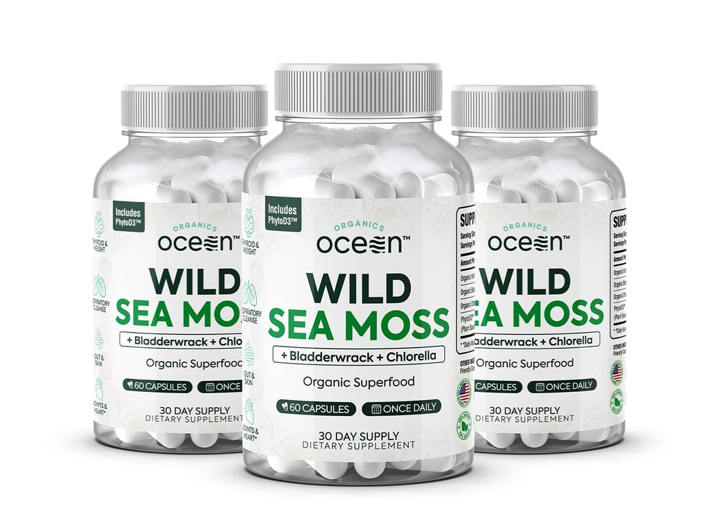 Organics Ocean Wild Sea Moss Capsules - 100% Organic Irish Sea Moss with Organic Chlorella, Bladderwrack and Vitamin D for Energy, Long Health and Thyroid Support for Women and Men - 3 Bottles