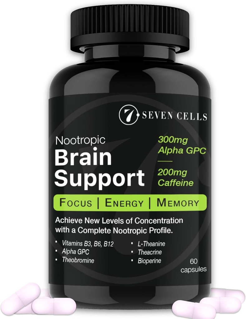 Hersenondersteuningssupplement met 300 mg Alpha GPC & 200mg natuurlijke cafeïne & vitamines voor Cognitieve gezondheid, energie, geheugen en focus - Brain Booster (60 capsules, 1-maand levering)