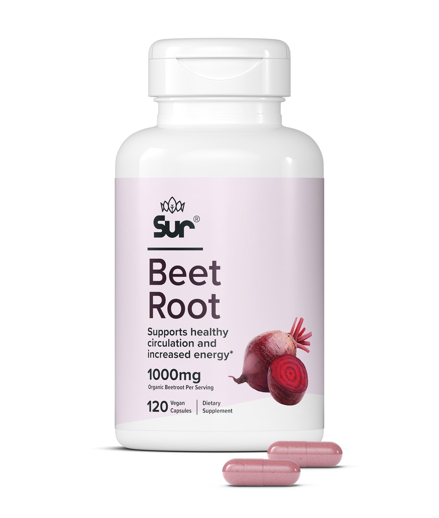 Sur Organic Beet Root Capsules 1000mg - Ondersteunt gezonde circulatie en verhoogde energie - Nitric Oxide Superfood (120 capsules)