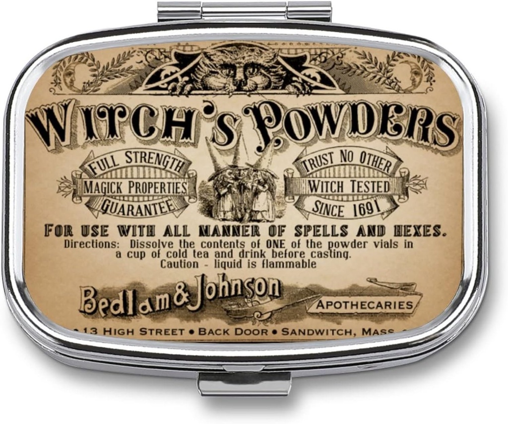 Metalen 2 Compartiment Pillen Organisator Reizen Vriendelijk Portable Compact Box te houden Vitaminen / Tylenol / Visolie / Complementen / Tafel (Vintage Witch's Powders), 1,97 x 0,79 x 0,39 Inch, 1,0 Tellen