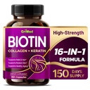 GriMed BIOTIN met collageen + keratine 7,275 mg sterke nagels & haar, stralende huid, gezonde veroudering- USA Made & Tested (150 Count (Pack of 1))