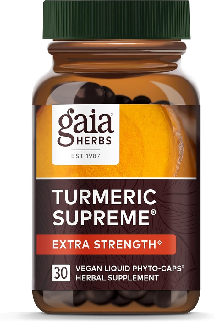 Gaia kruiden Kurkuma Supreme Extra Sterkte - Ondersteunt af en toe zwelling van normale slijtage en traan - met Kurkuma Curcumin & Black Pepper - 30 Vegan vloeibare Phyto-capsules (tot 30 dagen levering)