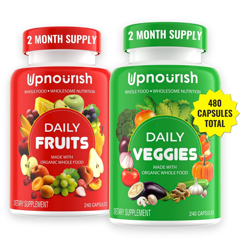 UpNourish Organic Fruits and Veggies Supplement - Ondersteuning Diet Balance, Body Cleanse & Energy - 480 Fruit en Super Greens Capsules from Nature - Fruit en plantaardige supplementen voor volwassenen en kinderen