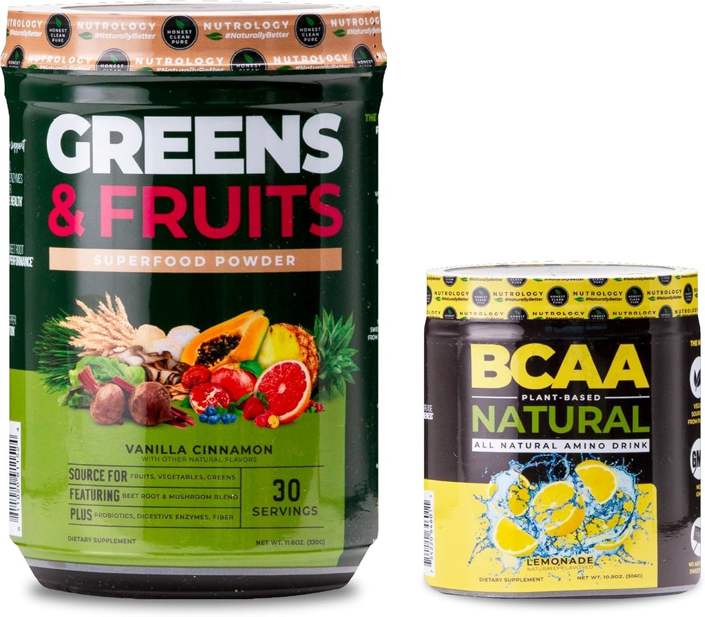 Nutrologie Groenen & vruchten poeder-natuurlijk geproduceerd Superfood, Vanille kaneel (30 porties) BCAA Natuurlijke, plantaardige BCAA poeder, limonade smaak (30 porties)