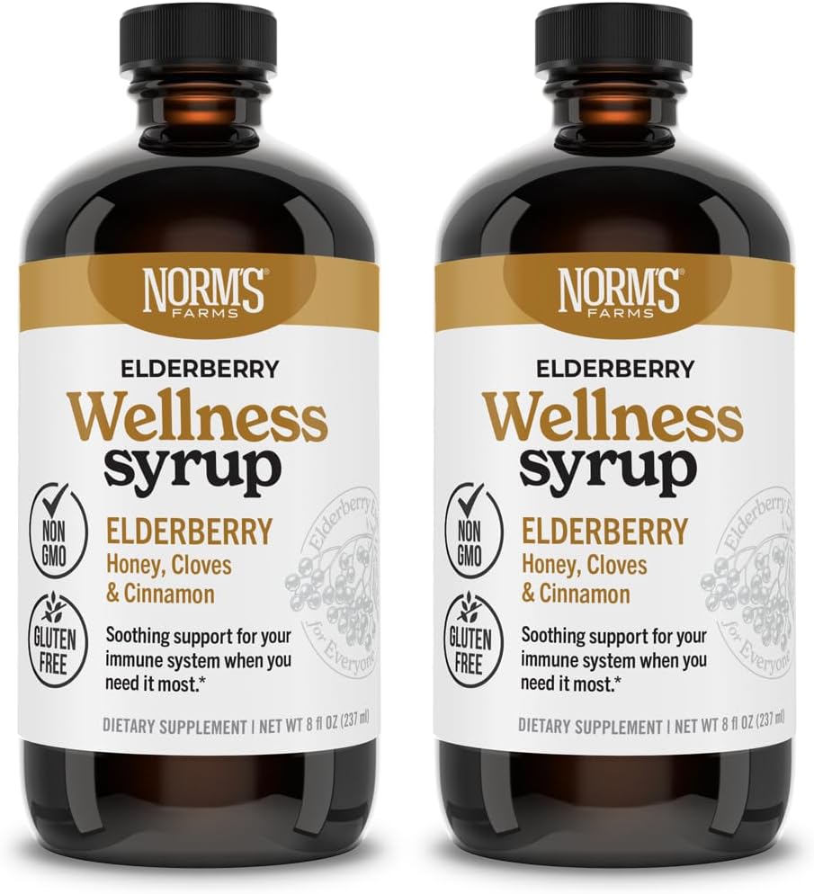 Norm's Farms Wellness Zwarte vlierbes Siroop met honing, kaneel en kruid - Made in USA, Natuurlijke Immune Support, Geen Alcohol of Fillers, Glutenvrij, Non-GMO, Veganist, Pure Vlierbes Siroop - 2PK 8 Oz