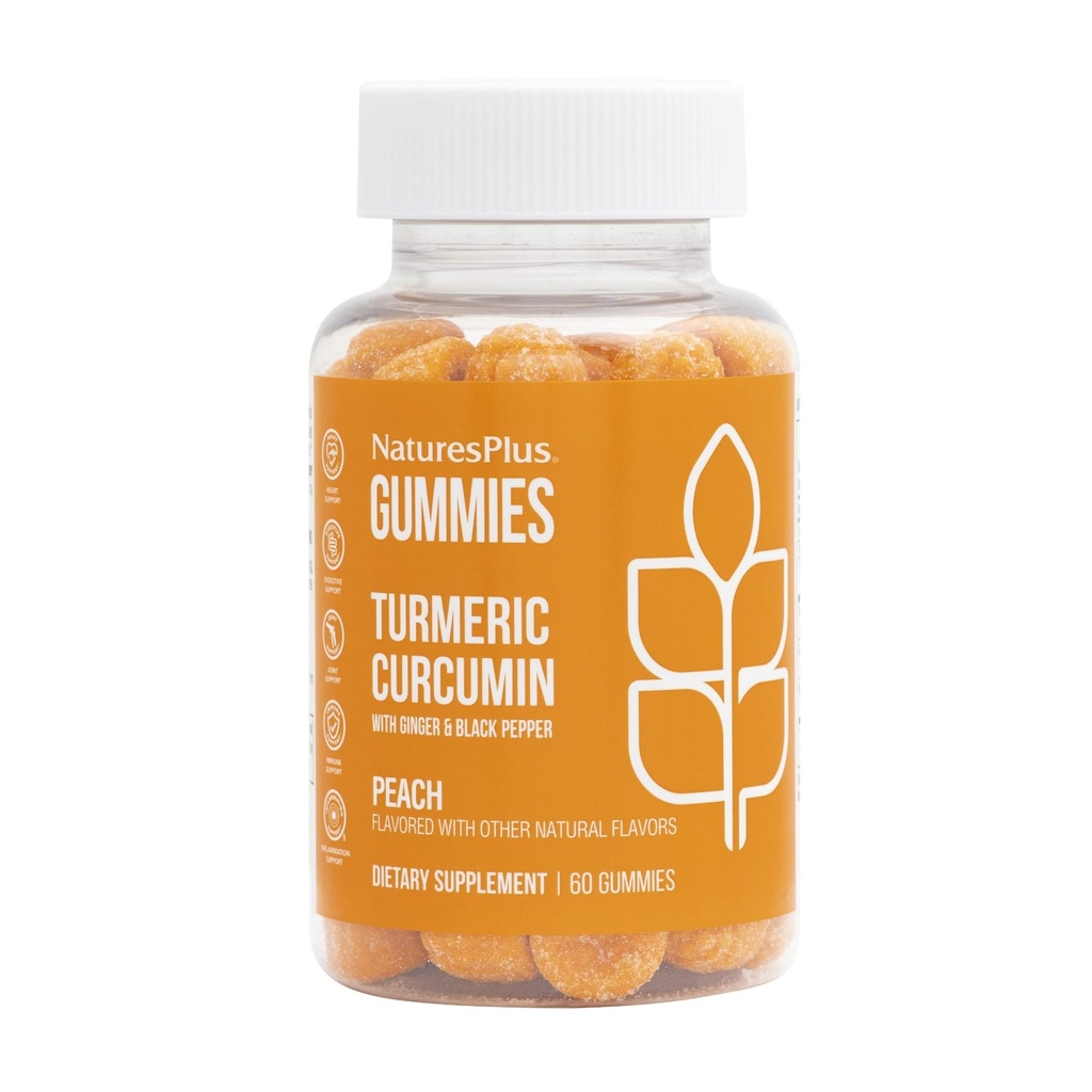 NaturesPlus Gummies Kurkuma Curcumin - 60 Gummies, Perzik - Ondersteunt gewrichts-, spijsverterings- en cardiovasculaire gezondheid - Veganistisch, glutenvrij, niet-GMO - 30 porties
